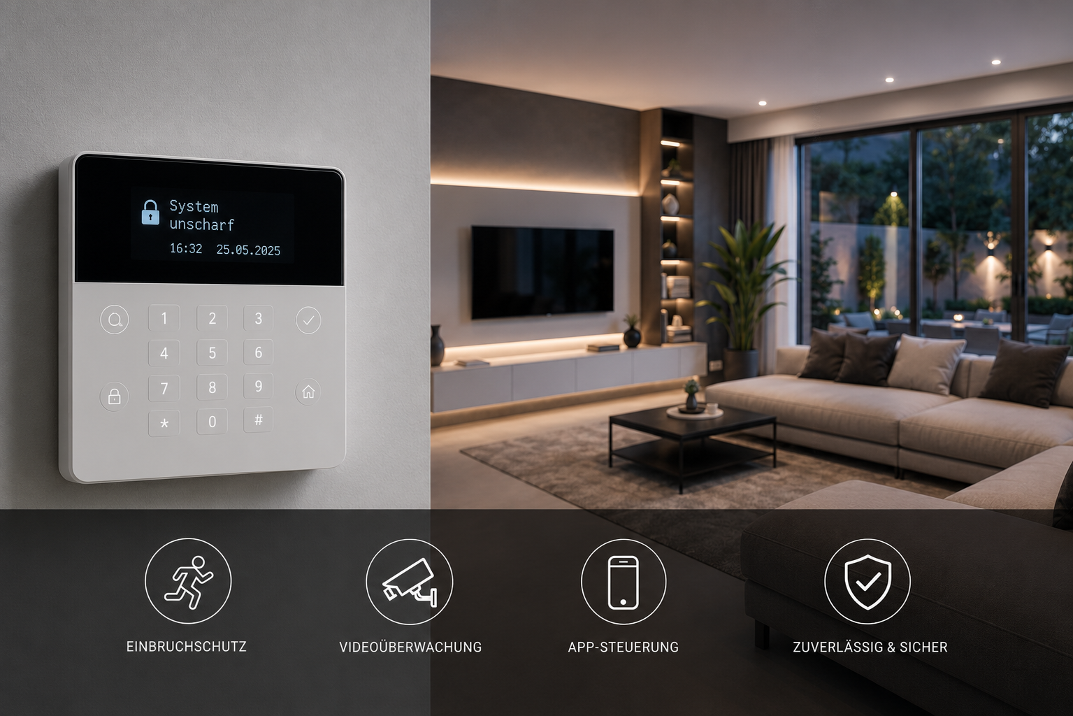 Alarmanlage mit App-Steuerung in einem modernen Wohnraum